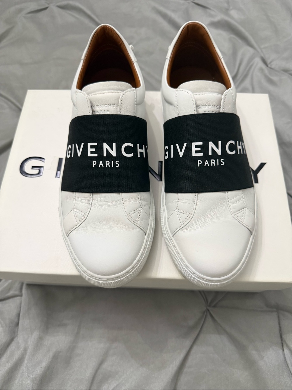 Givenchy White Leather Slip-On Sneakers with Black Logo Strap